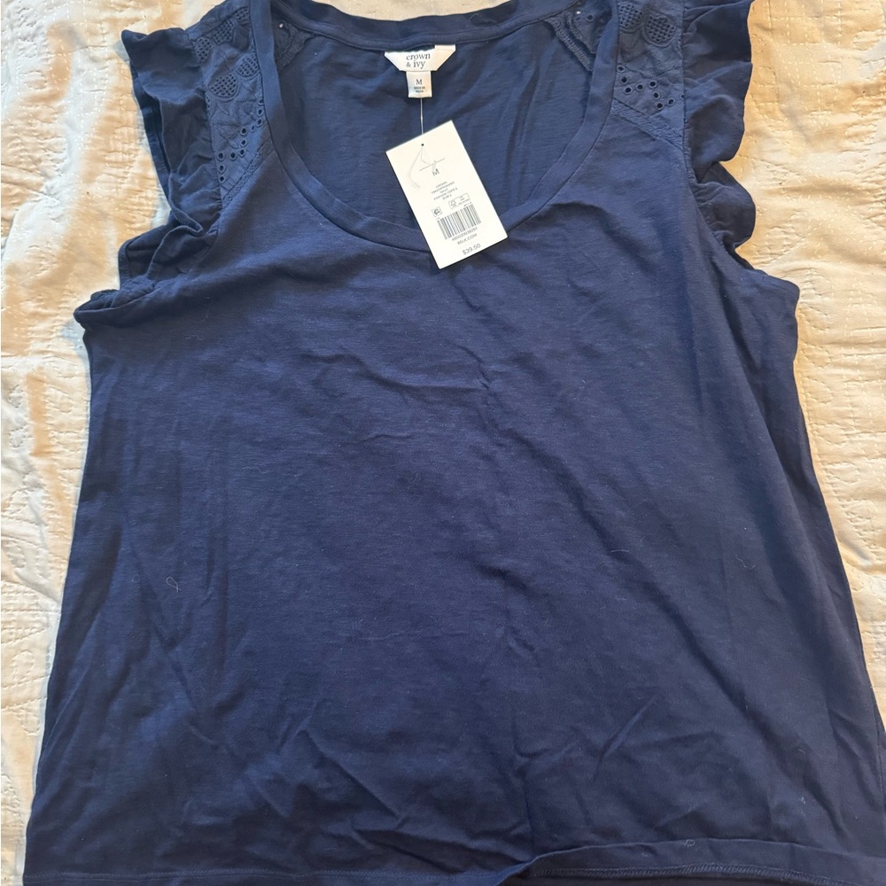 Crown & Ivy Blue Ruffled Flutter Sleeve Tank Top